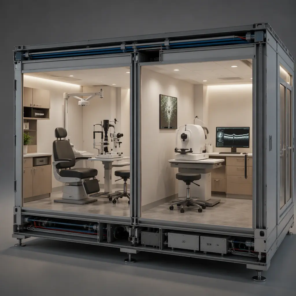 Photorealistic 3D cross-section render of a modular eye care clinic module showing an exam lane with chair and slit lamp, imaging suite with OCT machine, dimmable lighting, and conditioned power distribution, clean engineering visualization without labels