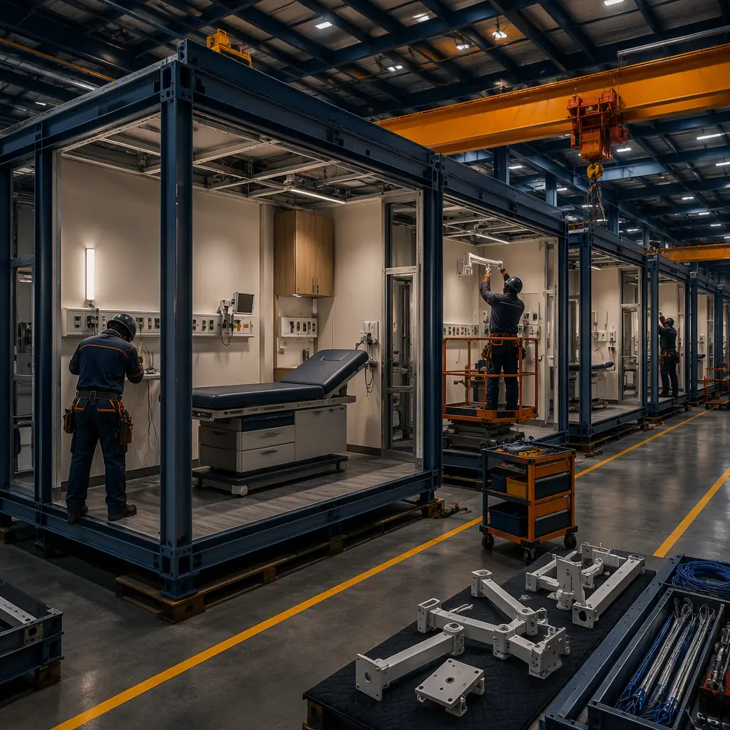 Factory floor of a modular construction facility, steel-framed clinic modules under assembly with exam room interior walls and medical gas and power fittings being installed, workers fitting instrument mounts, overhead crane, bright clean industrial environment