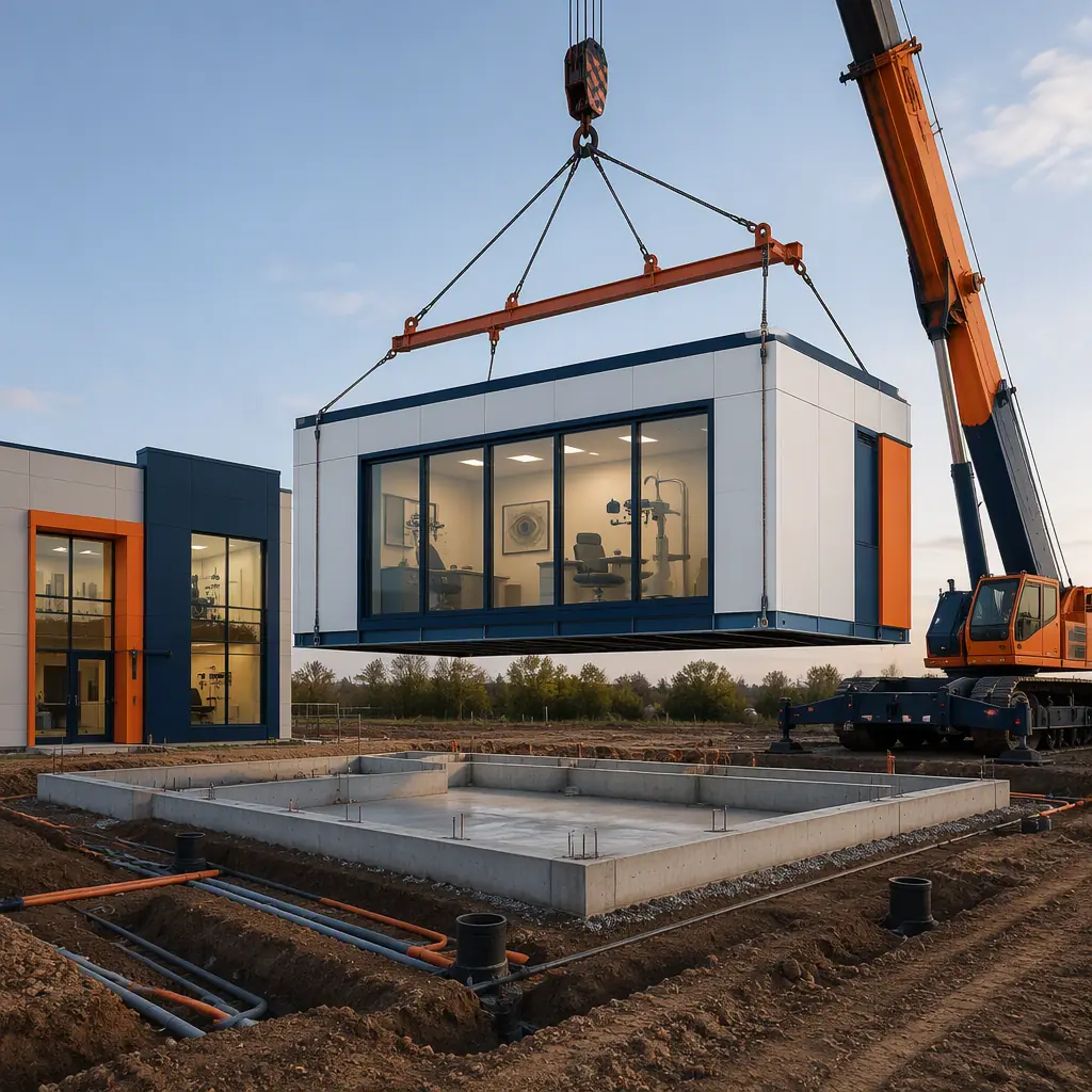 Crane lifting a prefabricated steel-frame clinic module onto a foundation at an eye care center construction site, module with clean white facade panels and large glazing, cleared site with utility trenches, module seams visible, navy steel accents with orange details
