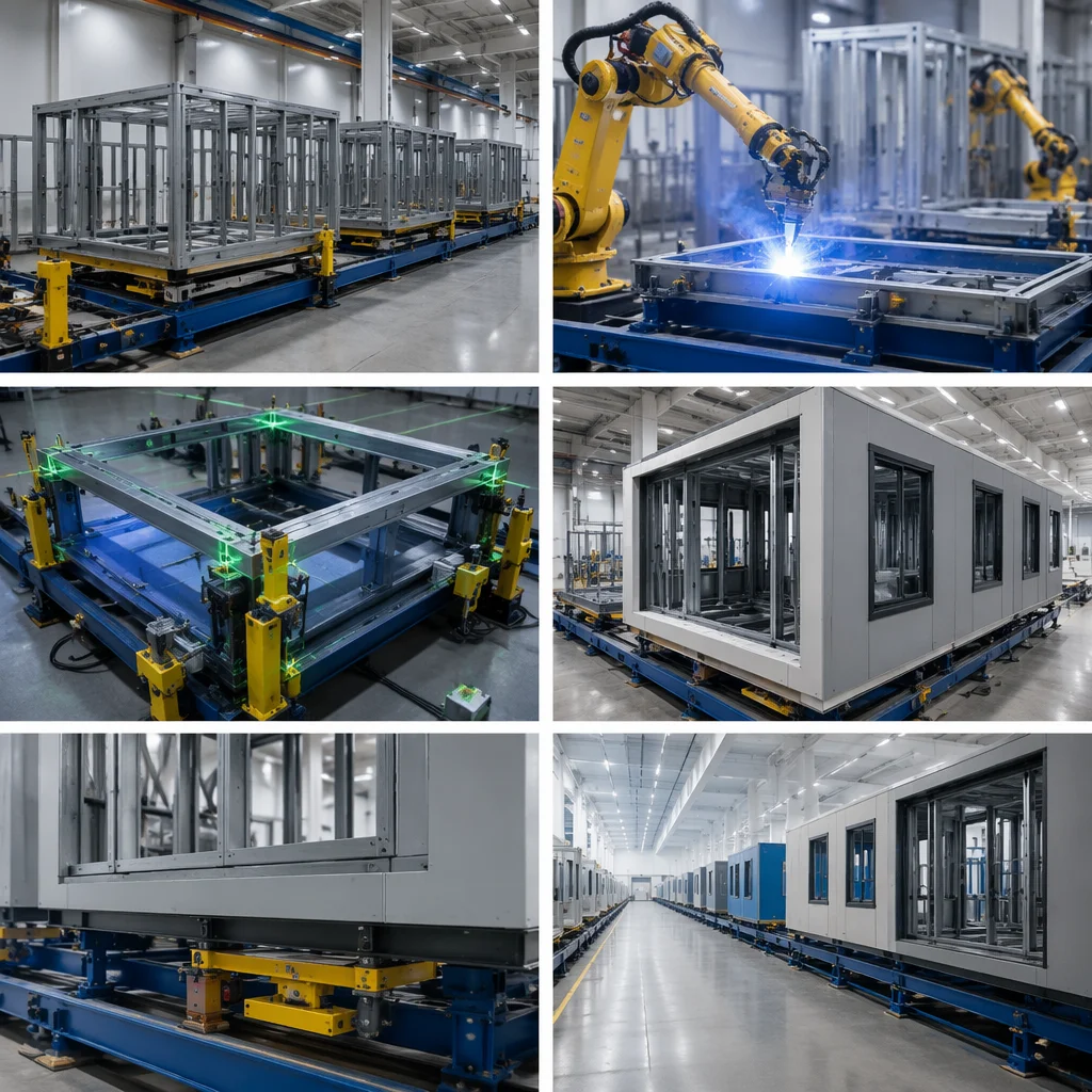 MODURA factory production line showing steel frame modules moving through assembly stations