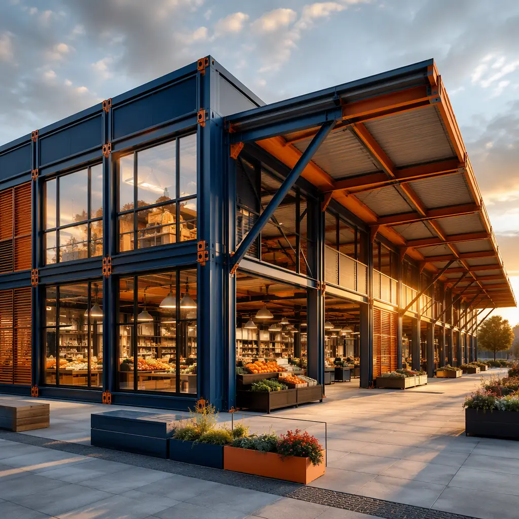 Modern modular public market hall building exterior, steel-frame structure with glass walls and wide covered canopy, clean geometric lines, grid pattern facade reflecting factory-assembled modules, module seams visible, market stalls visible through glass, golden hour lighting, dark navy steel with warm orange details, no people faces, no text, no logos