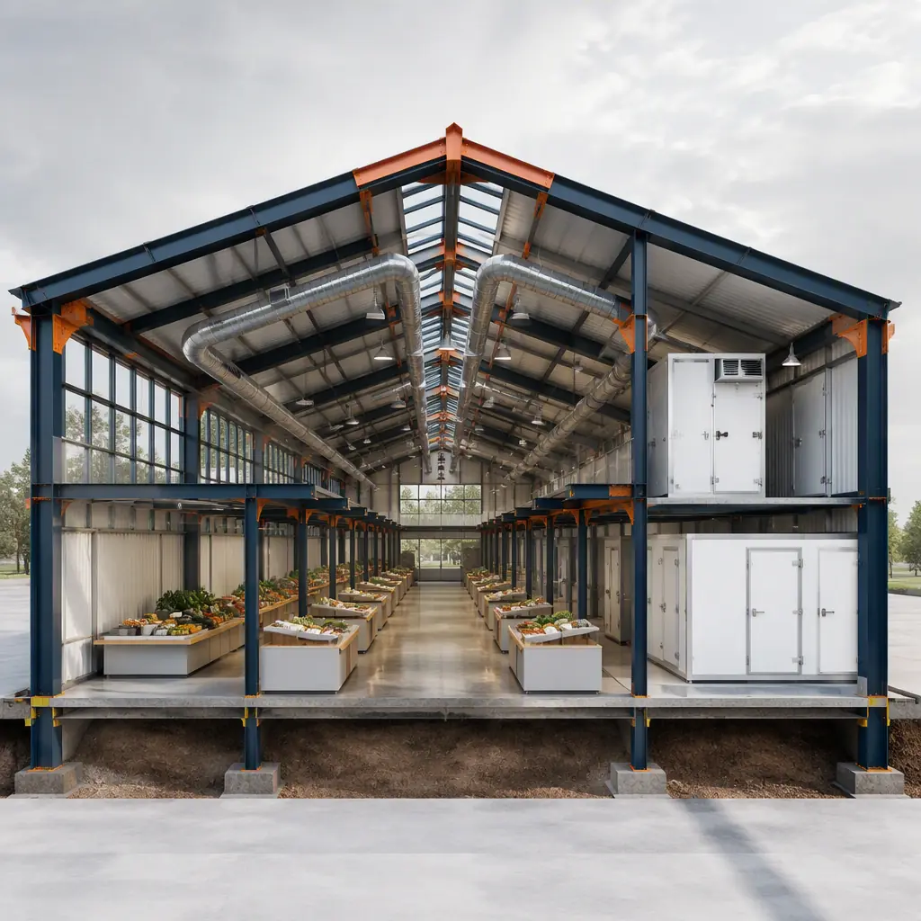 Photorealistic 3D cross-section render of modular market hall, clear-span steel frame with vendor stalls along central aisle, each stall with power and water utility points, overhead HVAC ducting, glazed gable ends, cold storage modules at rear, clean engineering visualization, no text, no labels