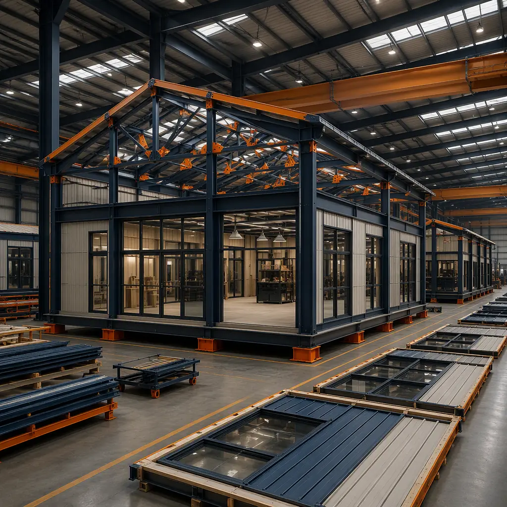 Factory floor of modular prefabricated construction facility, market hall module with steel columns and roof trusses being assembled, wall panels with glazing installed, assembly line with commercial modules, dark navy and warm steel orange accents, no people faces, no text