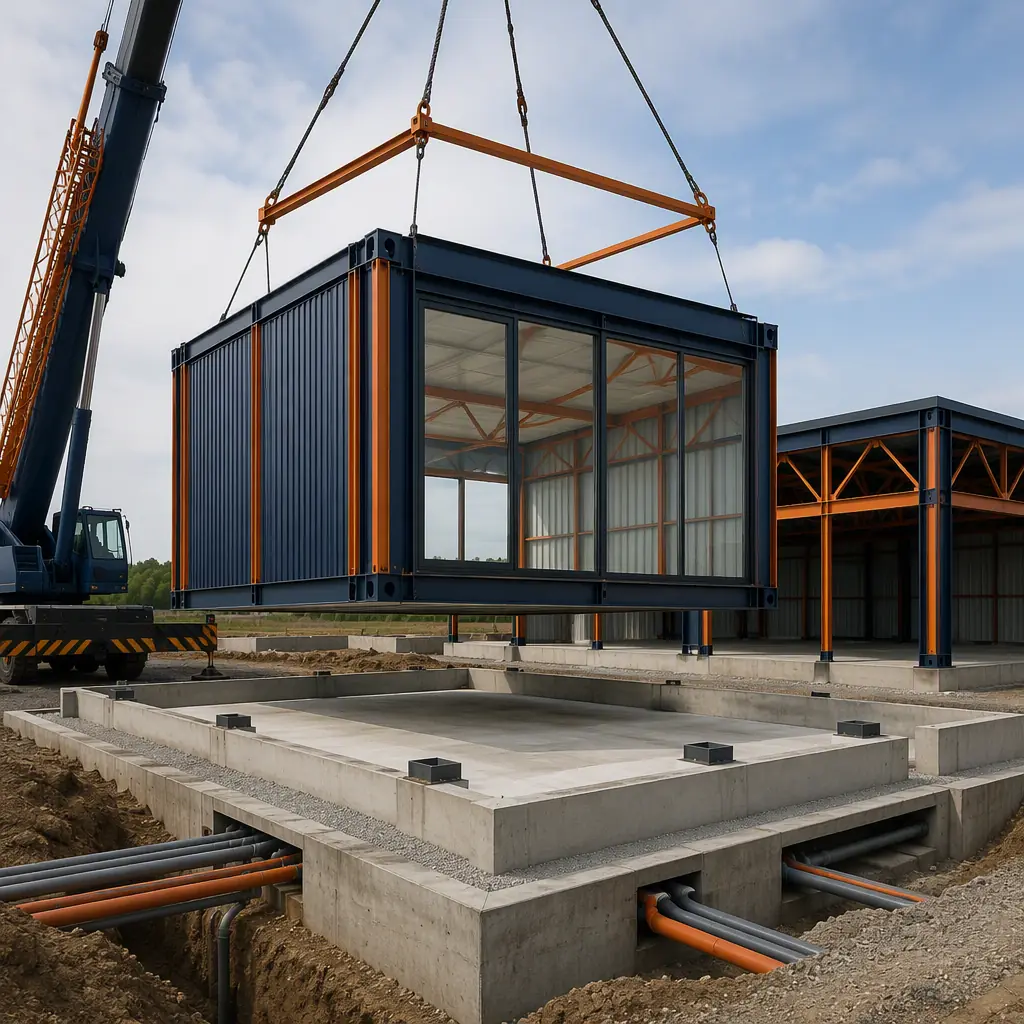 Crane lifting prefabricated steel-frame market hall module with large glazed opening onto concrete foundation at construction site, module seams visible, clean level site with prepared pad and utility trenches, dark navy steel with warm orange accents, no people faces, no text, no logos