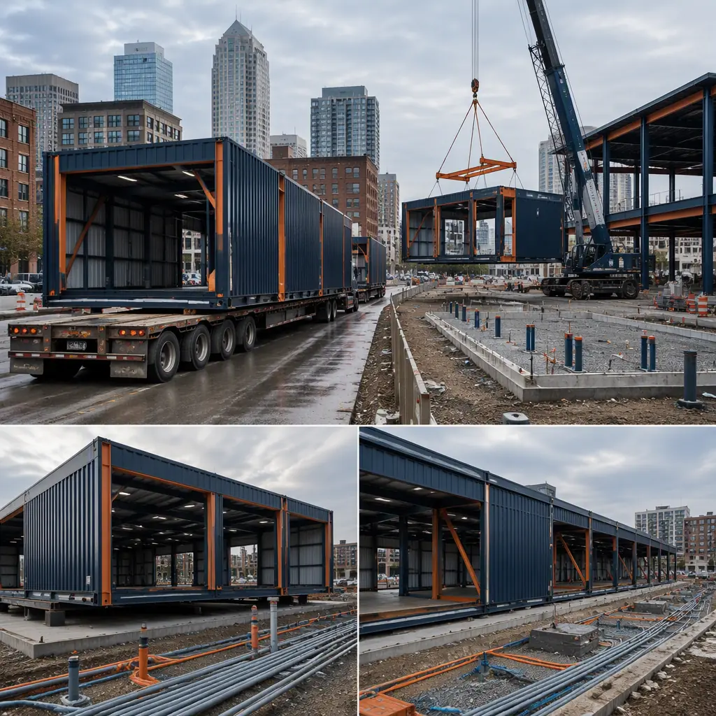 Prefabricated market hall modules arriving on flatbed trucks at downtown site, crane positioning steel-frame module onto prepared foundation, module seams visible, urban site with utility connections being prepared, dark navy steel with warm orange accents, no people faces, no text, no logos
