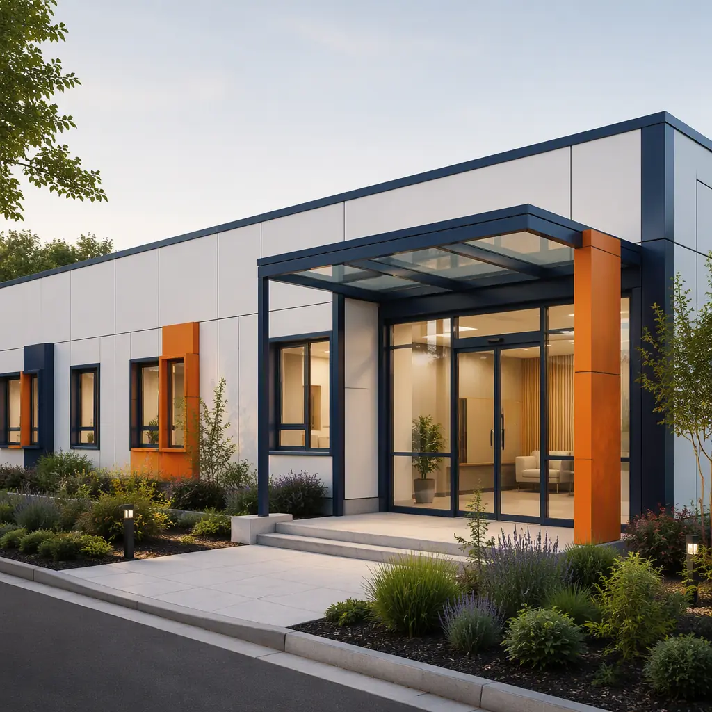 Modern modular fertility clinic exterior, prefabricated steel-frame medical building with glass entrance canopy and clean white facade, landscaped approach, module seams visible, dark navy structural steel with warm steel orange accents, no people, no text