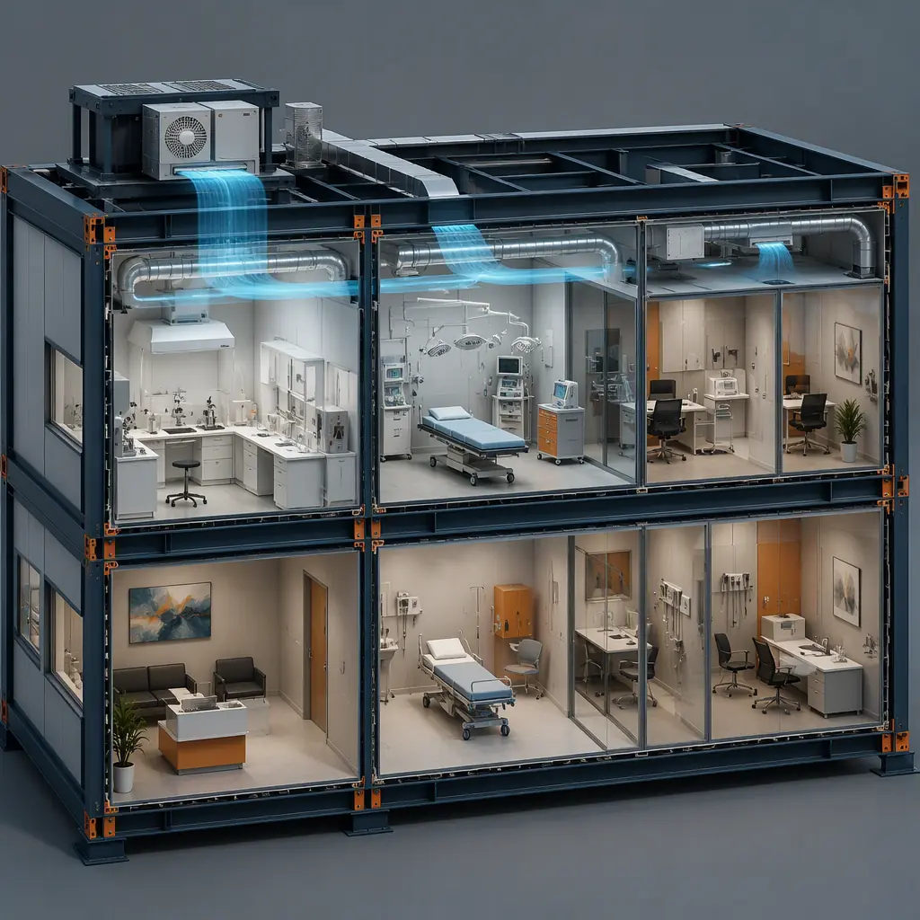 Photorealistic 3D cross-section render of modular fertility clinic building, steel frame structure showing embryology laboratory with HEPA filtration units, procedure suite, consultation rooms and recovery area, clean engineering visualization of medical airflow zones, no text, no labels
