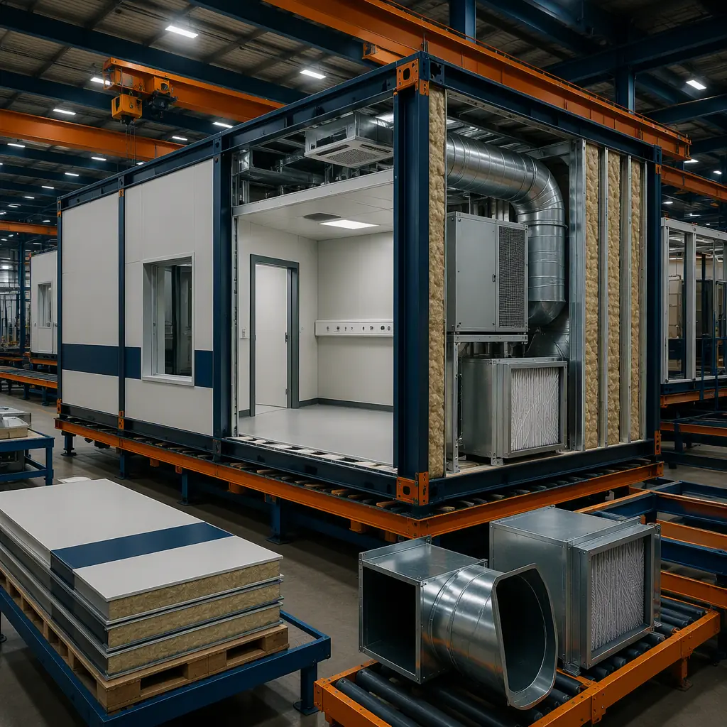 Factory floor of modular prefabricated medical construction facility, steel-frame clinic module under assembly with HVAC ducting and clean air filtration units being installed, insulated wall panels, overhead crane, assembly line, dark navy and warm steel orange accents, no people faces