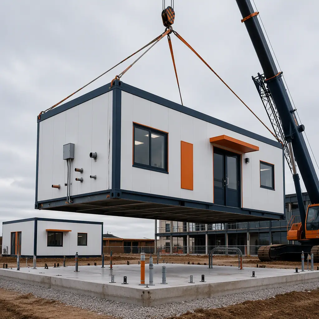 Crane lifting prefabricated steel-frame medical clinic module onto foundation at healthcare construction site, module with clean white exterior and prepared utility connections, module seams visible, dark navy steel with warm orange accents, no people faces