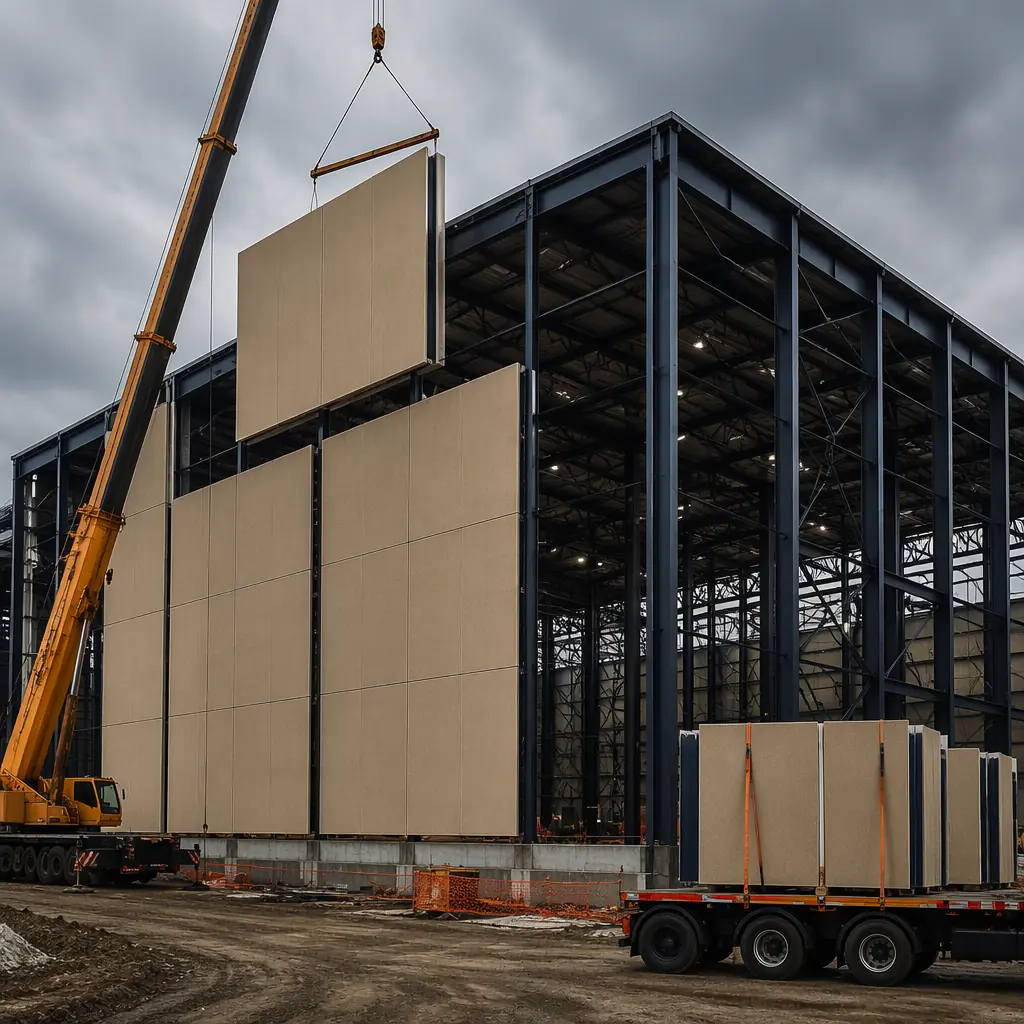 Modern modular sound stage exterior, large-scale prefabricated steel frame structure with acoustic panel cladding, 40-60ft height, clean industrial geometry, factory-assembled wall modules visible, production studio campus context, dark navy structural elements, warm steel orange accent trim on fascia edges, dusk lighting, no people