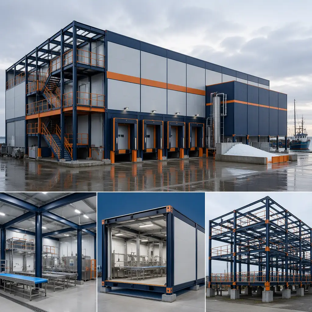 Modern modular seafood processing plant exterior, steel-frame facility with clean geometric lines, grid pattern facade reflecting factory-assembled modules, module seams visible, refrigerated dock doors and ice plant annex, dark navy steel with warm orange accent trim, no people faces, no text, no logos