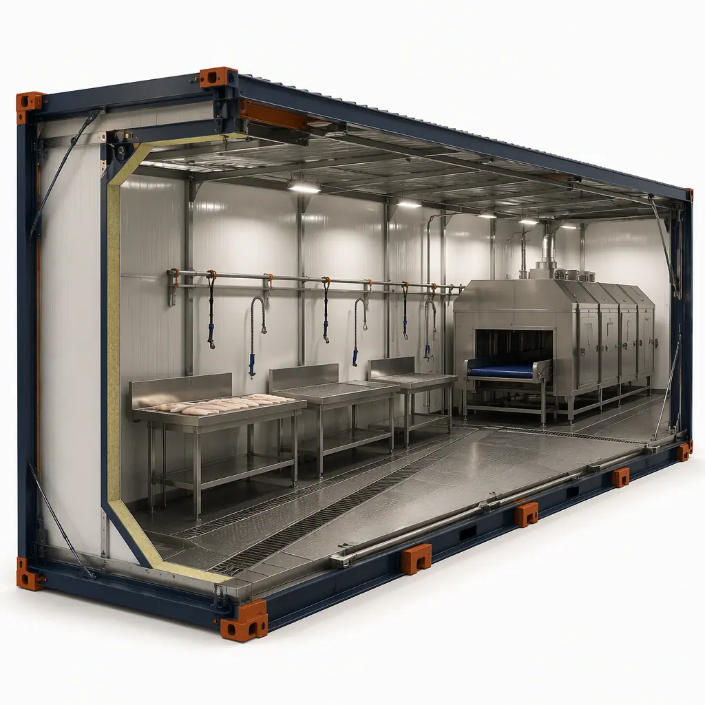 Photorealistic 3D cross-section render of modular seafood processing room, stainless steel filleting tables along cleanable wall panels, IQF freezing tunnel module at end, sloped floor with drains, insulated panel envelope, steel frame visible, clean engineering visualization, no text, no labels