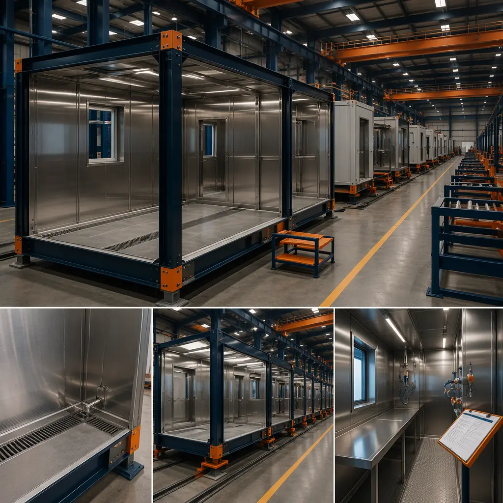 Factory floor of modular prefabricated construction facility, food-grade stainless wall panels being installed in steel-frame module with drainage channels, assembly line with processing modules in production, quality control inspection station, dark navy steel with warm orange accents, no people faces, no text, no logos