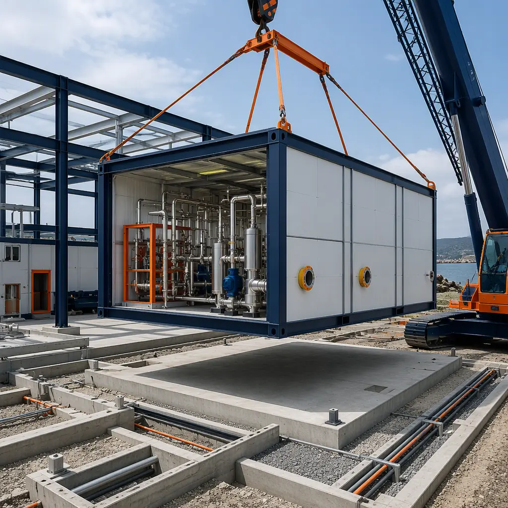 Crane lifting prefabricated steel-frame processing module with pre-installed insulated panels onto concrete pad at seafood plant construction site, module seams visible, clean level site with utility trenches prepared, dark navy steel with warm orange accents, no people faces, no text