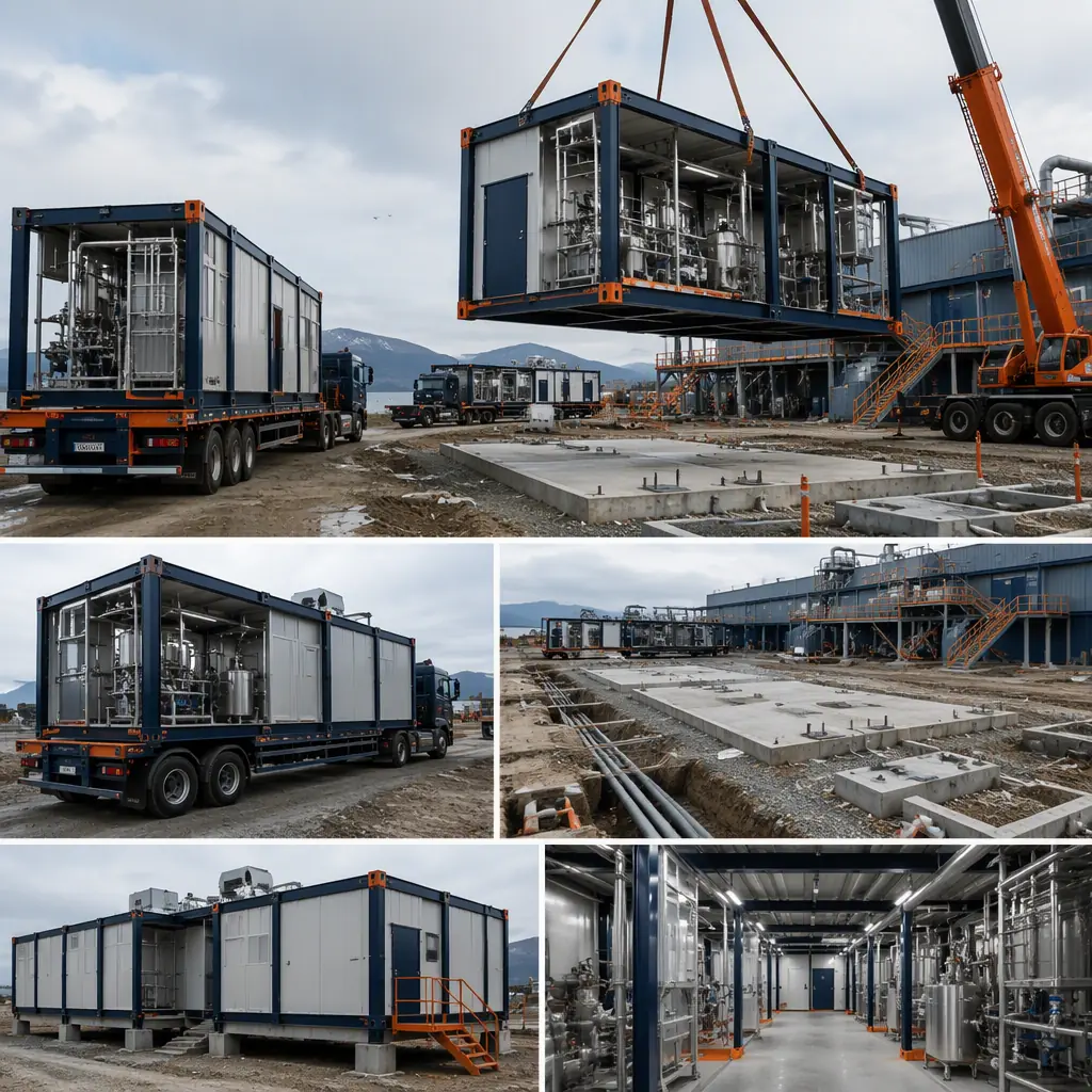 Prefabricated seafood processing modules arriving on flatbed trucks at plant site, crane positioning steel-frame module onto prepared foundation, module seams visible, utility trenches and site work under preparation, dark navy steel with warm orange accents, no people faces, no text, no logos