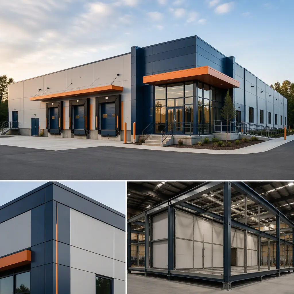 Modern modular food bank facility exterior, single-story steel-frame warehouse with dock-level receiving doors, glass-front client pantry entrance, clean geometric lines with module seams visible, dark navy steel with warm orange accents, no people faces, no text, no logos