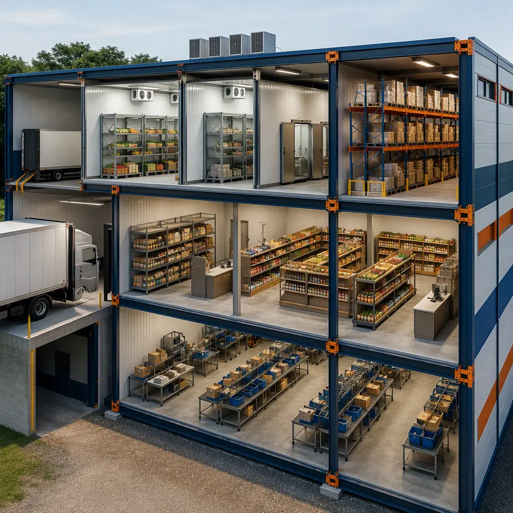 Photorealistic 3D cross-section render of modular food bank facility, showing dock-level receiving area, temperature-zoned cold storage rooms with insulated panels, dry-goods racking hall, client-choice pantry with retail shelving and checkout counter, volunteer sorting floor, clean engineering visualization, no text, no labels