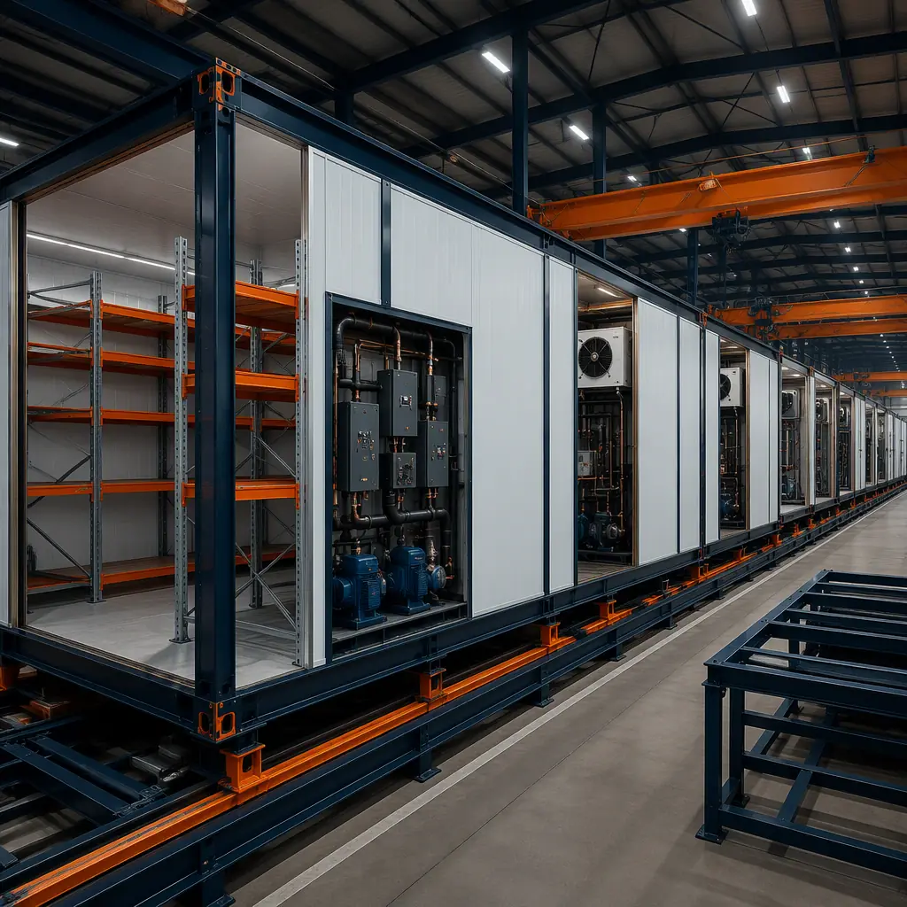 Factory floor of modular prefabricated construction facility, steel-frame warehouse modules with insulated cold-room panel sections being fabricated, racking and mechanical systems pre-installed on module frames, assembly line with food facility modules, dark navy and warm steel orange accents, no people faces, no text