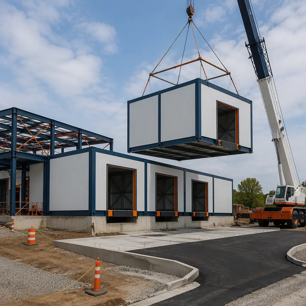 Crane lifting prefabricated steel-frame cold storage module with insulated panel walls onto concrete pad at food bank construction site, modules with dock-level openings staged for connection, parking and dock approach under construction, module seams visible, dark navy steel with warm orange accents, no people faces, no text