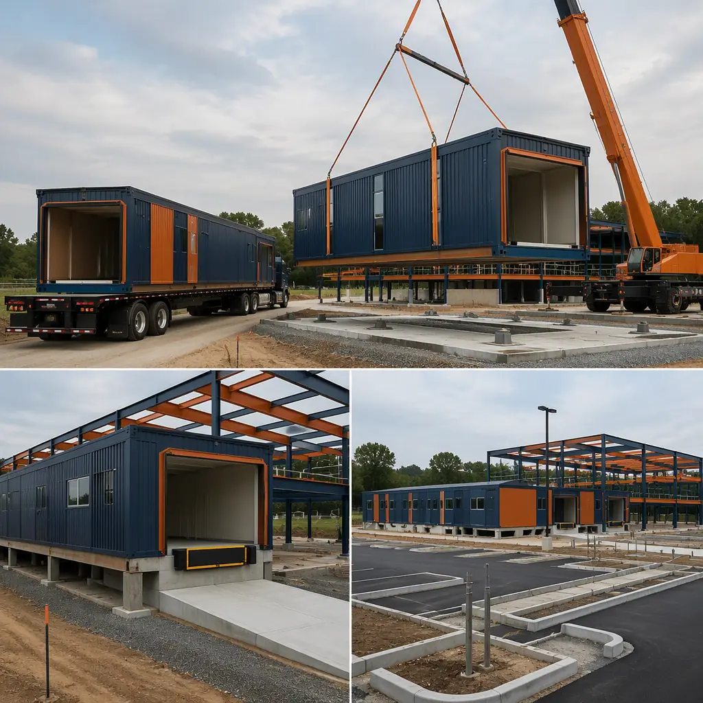 Prefabricated food bank modules arriving on flatbed trucks at community site, crane positioning steel-frame insulated module onto prepared pad, dock-level opening visible on module end, parking lot and dock approach under construction, module seams visible, dark navy steel with warm orange accents, no people faces, no text, no logos