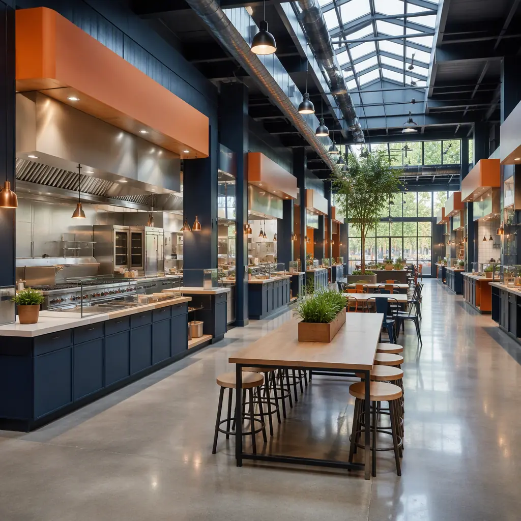 Interior of a modern modular food hall, row of vendor stalls with stainless steel commercial kitchen equipment and Type I exhaust hoods, central seating area with natural light, polished concrete floor, clean bright environment with navy and orange accents