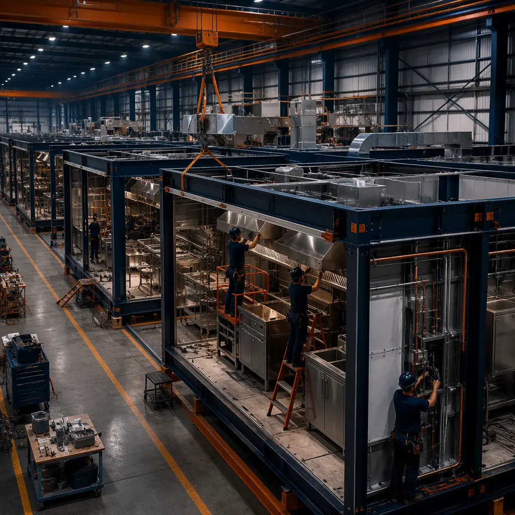 Factory floor of a modular construction facility, steel-framed commercial modules for a food hall under assembly with stainless steel kitchen hoods being installed, workers fitting grease ducts and utility runs, overhead crane, bright clean industrial environment