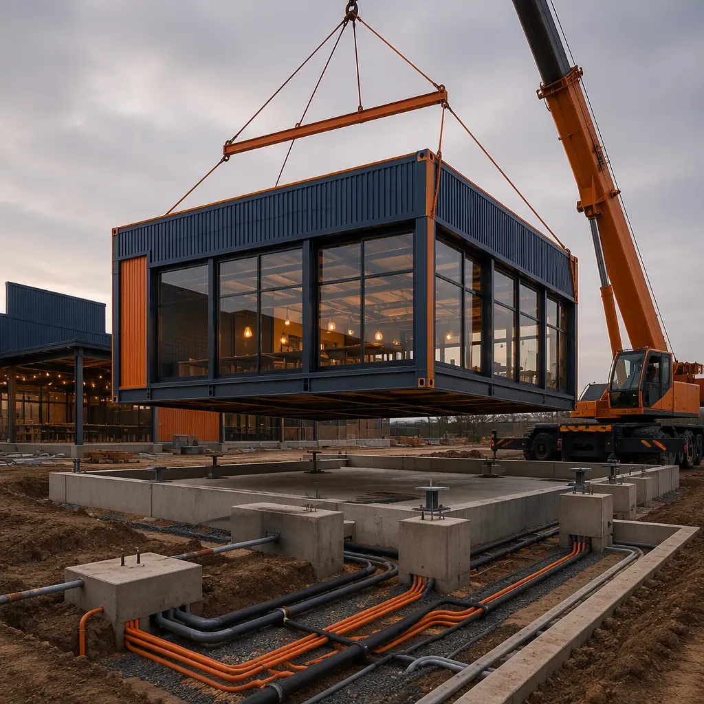 Crane lifting a prefabricated steel-frame commercial module onto a foundation at a food hall construction site, module with large glazing and weatherproof cladding, cleared site with utility trenches for kitchen services, navy steel accents with orange details