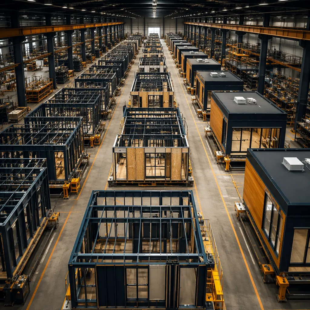 Multiple identical modular prefabricated commercial building units on factory floor, steel frame structures at various assembly stages, assembly line production, clean industrial manufacturing setting