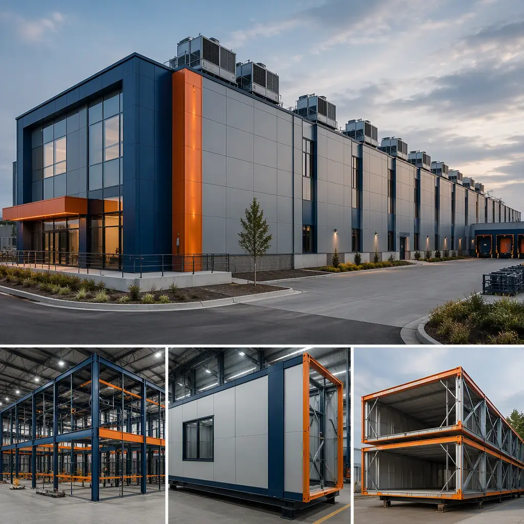 Modern modular fuel cell manufacturing facility exterior, long steel-frame production hall with clean geometric facade, module seams visible, HVAC units along roof, loading docks at end, dark navy steel with warm orange accent trim, no people faces, no text, no logos