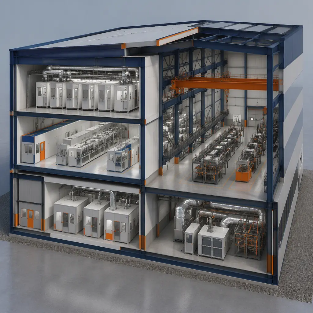 Photorealistic 3D cross-section render of modular fuel cell manufacturing facility, cleanroom coating line modules in steel-frame hall with insulated panel envelope, stack assembly high-bay with overhead crane visible through cutaway, test bay with ventilation ducts, clean engineering visualization, no text, no labels