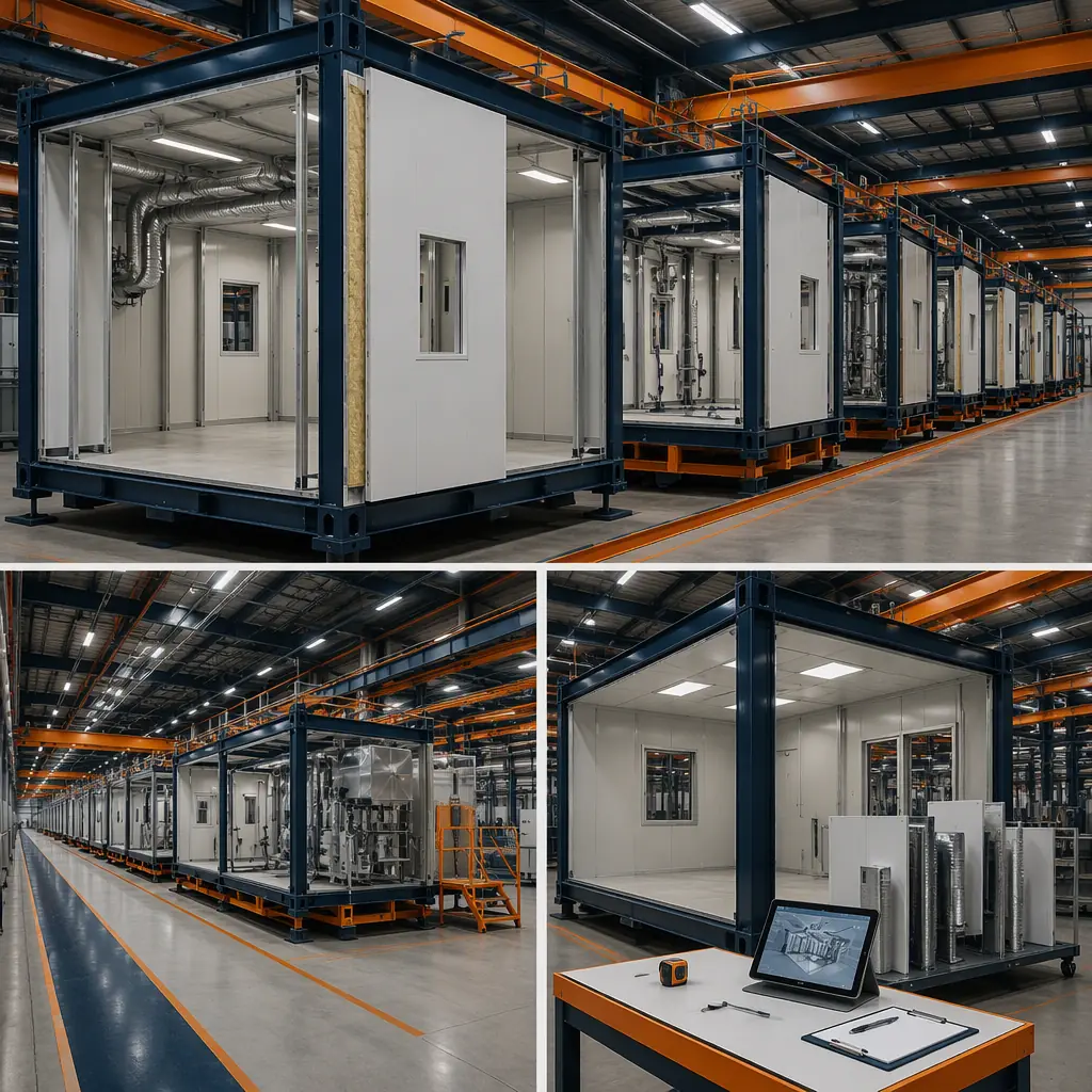 Factory floor of modular prefabrication facility, cleanroom wall panels being installed in steel-frame module with HVAC ducting, assembly line with process modules in production, quality control inspection station, dark navy steel with warm orange accents, no people faces, no text, no logos