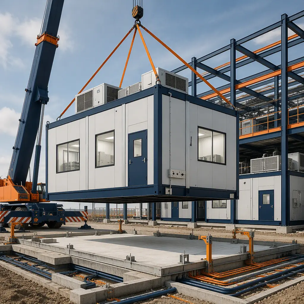 Crane lifting prefabricated steel-frame cleanroom module with HVAC units onto prepared foundation at fuel cell factory construction site, module seams visible, clean level site with utility trenches, dark navy steel with warm orange accents, no people faces, no text