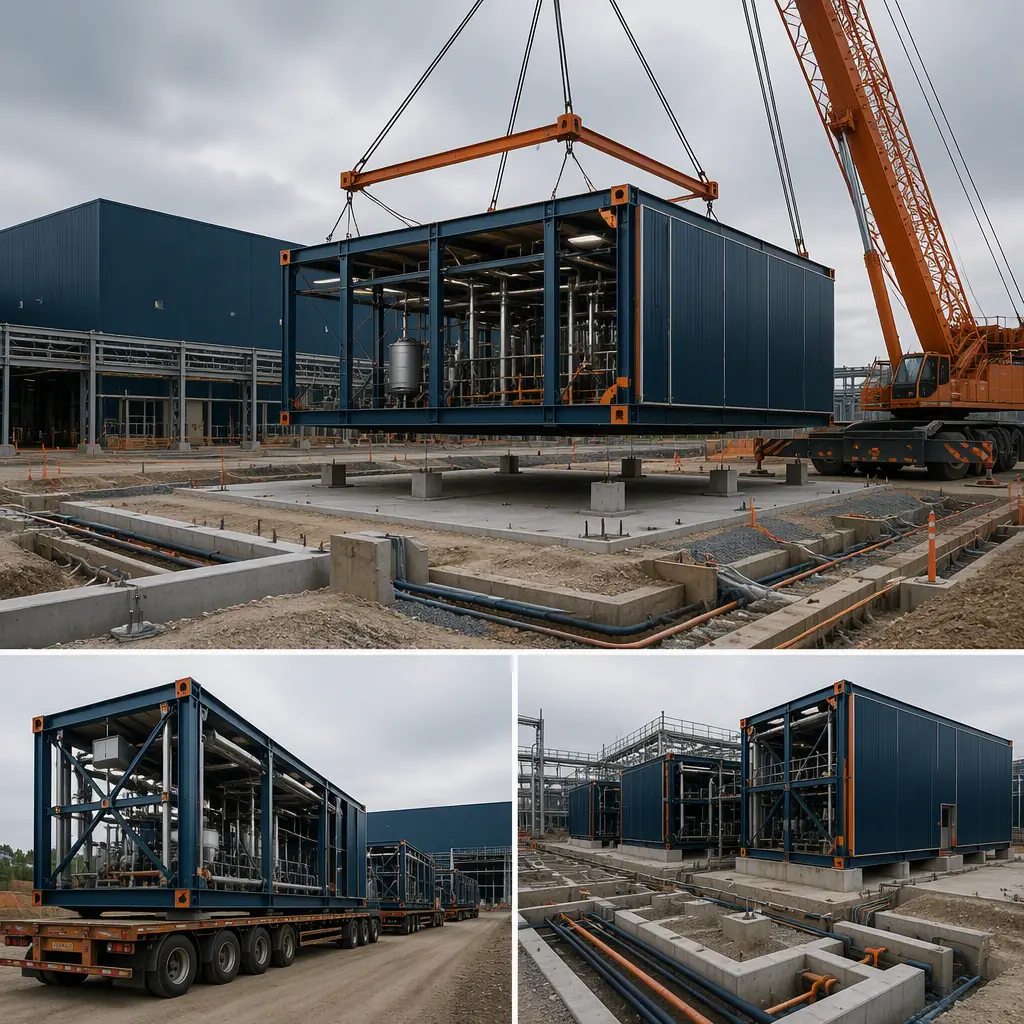 Prefabricated manufacturing modules arriving on flatbed trucks at fuel cell factory site, crane positioning steel-frame module onto prepared foundation, module seams visible, utility trenches and site work under preparation, dark navy steel with warm orange accents, no people faces, no text, no logos