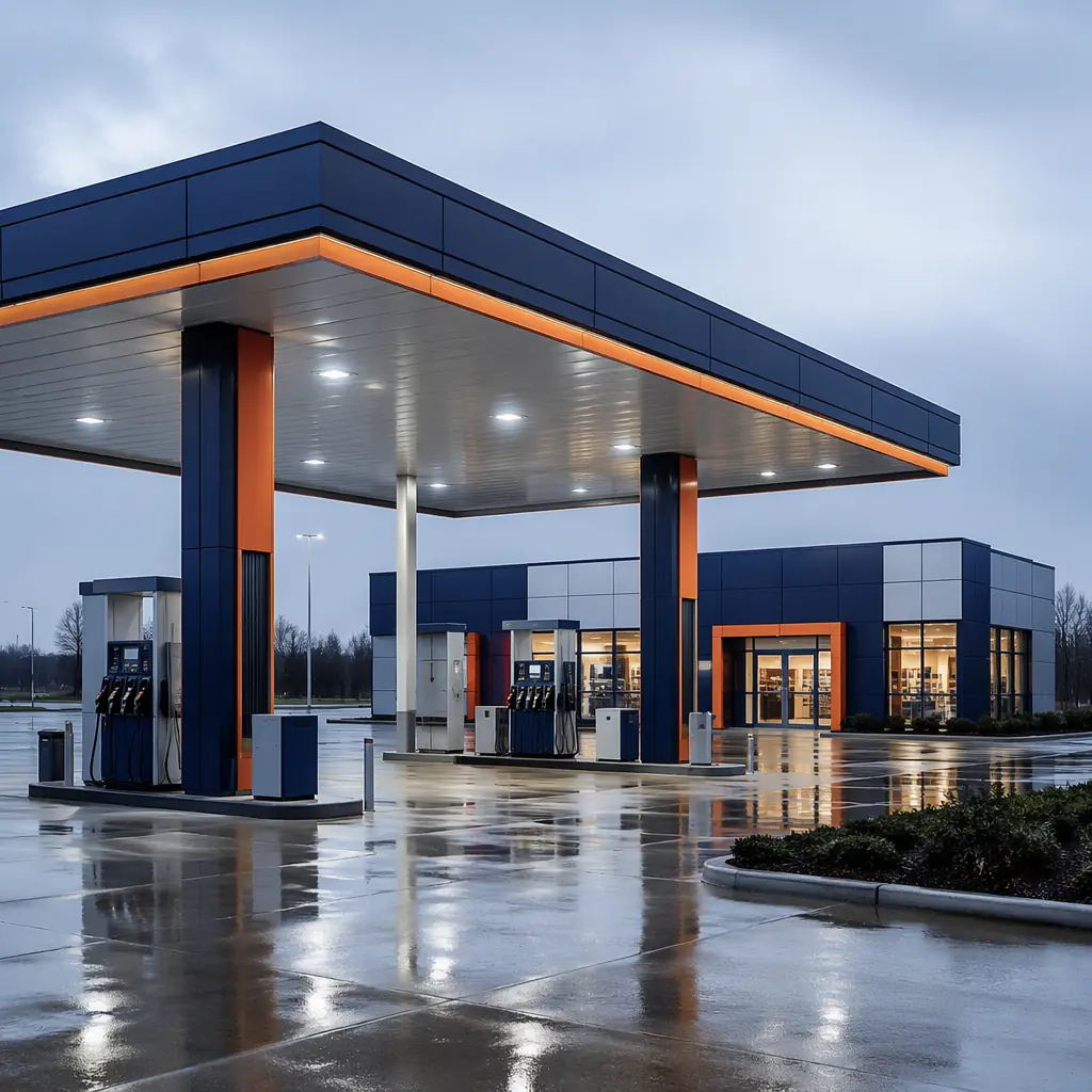 Modern modular gas station canopy, steel frame prefabricated structure with fuel islands beneath, clean geometric design, module seams visible, factory-assembled construction, dark navy structural columns, warm steel orange accent details on canopy edges, no people, no traditional gas stations