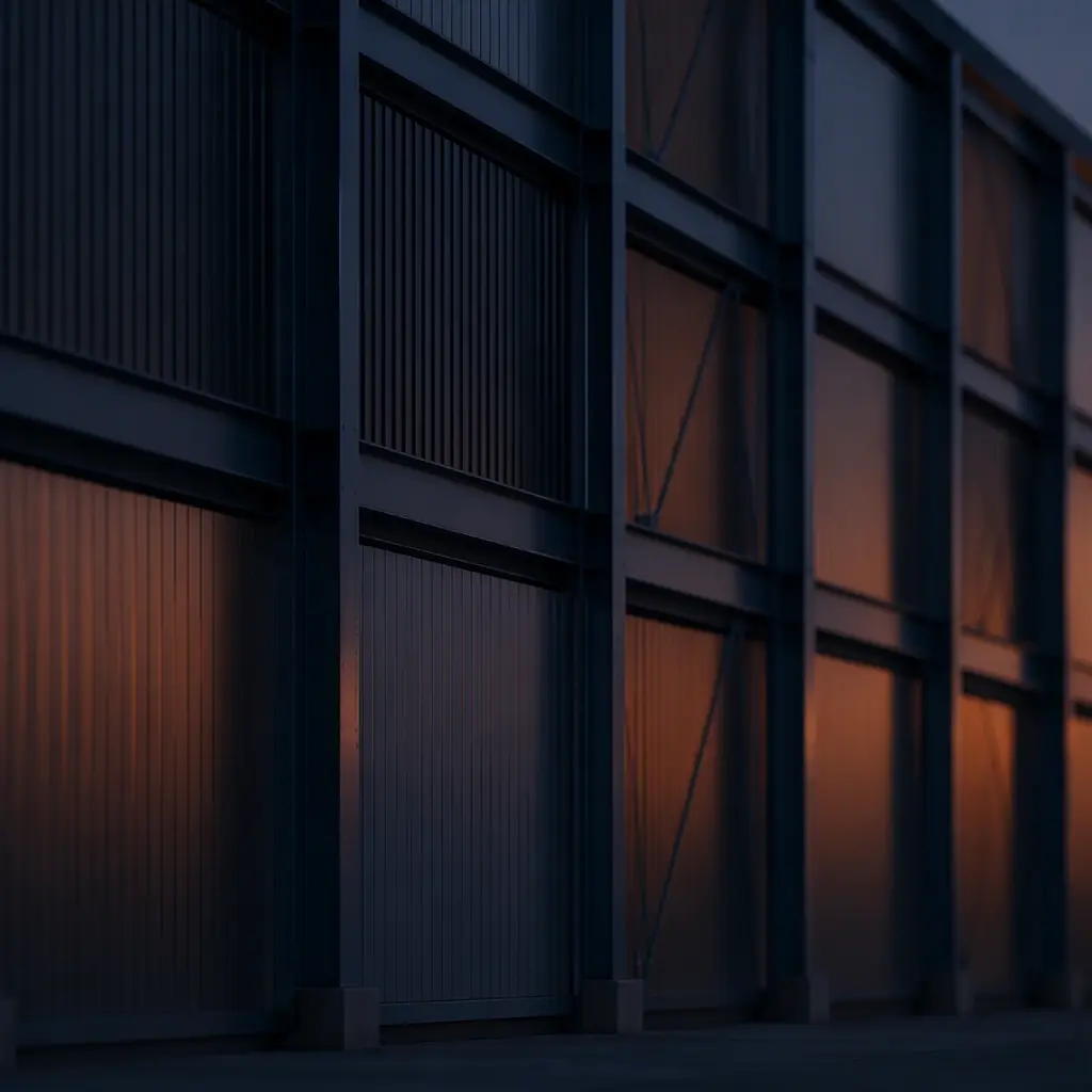 Completed modular e-commerce fulfillment center at dusk, loading dock apron with several trailer positions, steel-framed prefabricated distribution facility with clean geometric lines and module seams visible, exterior lighting illuminating dock doors and truck staging area, dark navy structural accents with warm steel orange details, logistics hub in operation