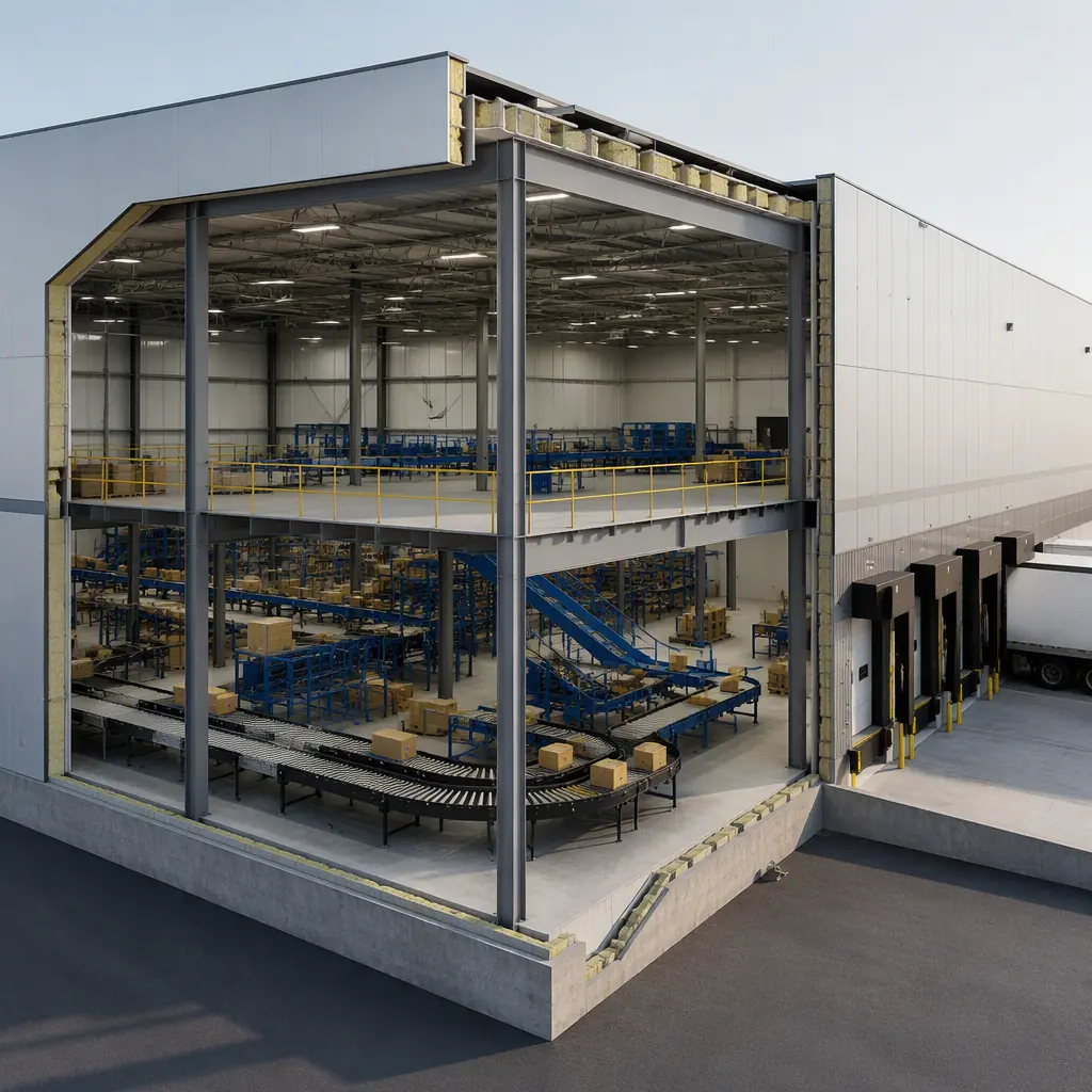 Photorealistic 3D cross-section render of modular fulfillment center showing clear-span steel frame with no interior columns, pallet racking rows on factory-cast floor slab, mezzanine level with pick modules and conveyor system, dock leveler opening in wall panel, HVAC ducting in roof cavity, LED lighting rows, automated mobile robot path on floor, modular prefabricated industrial building system