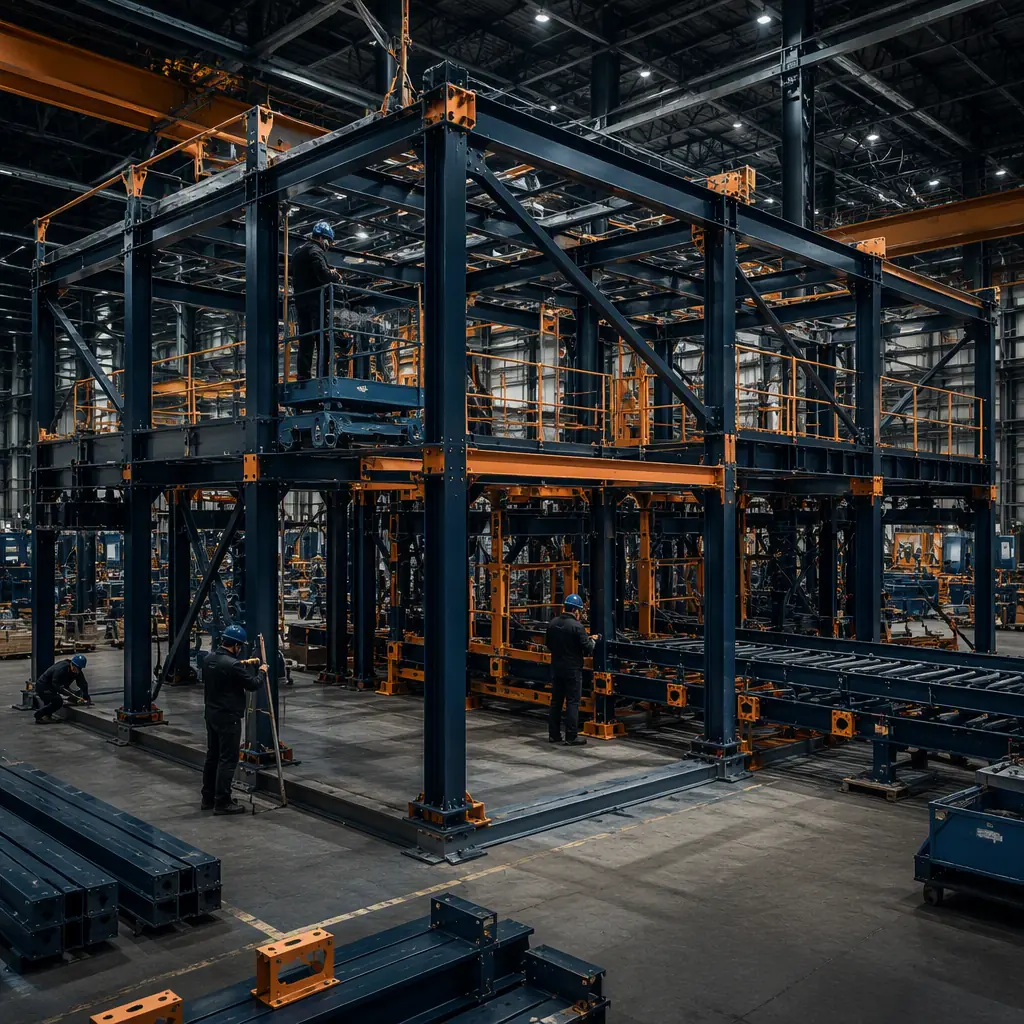 Factory floor of modular construction facility producing warehouse and fulfillment center modules, steel frame modules with insulated wall panels and roof sections, workers installing dock leveler openings and mezzanine support brackets, large clear-span industrial modules on assembly line, quality control station inspecting structural connections, clean industrial environment