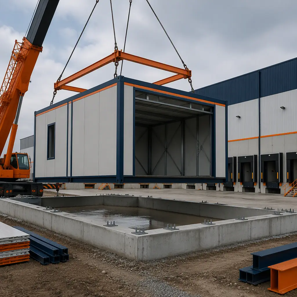 Modern modular e-commerce fulfillment center exterior, large clear-span steel-framed prefabricated warehouse with loading docks and dock doors, modules being craned into position on prepared foundation, clean geometric facade with module seams visible, distribution center with truck turnaround apron, dark navy structural accents and warm steel orange details