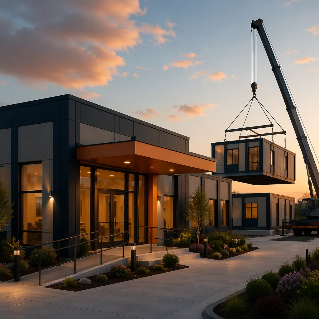 Modern modular funeral home exterior with prefabricated steel frame modules, clean geometric facade with warm welcoming entrance design, module seams visible defining factory-assembled grid pattern, landscaped approach with accessible entry ramp, dark navy structural steel with warm steel orange accent on entrance canopy, crane lifting completed visitation room module onto prepared foundation, evening lighting creating dignified atmosphere