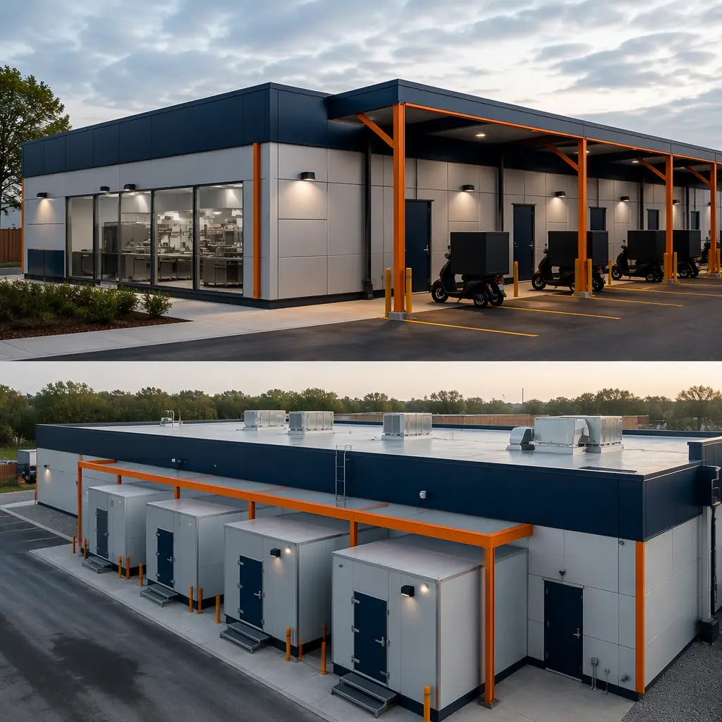 Modern modular ghost kitchen facility exterior, single-story steel-frame building with multiple kitchen modules, walk-in cold storage units and covered dispatch bays for delivery drivers, clean geometric lines with module seams visible, dark navy steel with warm orange accents, no people faces, no text, no logos