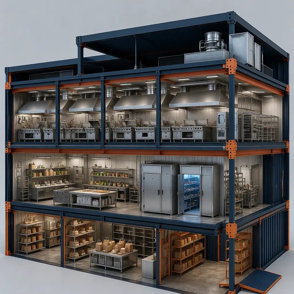 Photorealistic 3D cross-section render of modular ghost kitchen facility, showing cook line modules with exhaust hoods and fire suppression, prep line with stainless sinks, walk-in cooler and freezer modules, packaging stations, dispatch zone with pickup shelves and driver waiting area, clean engineering visualization, no text, no labels