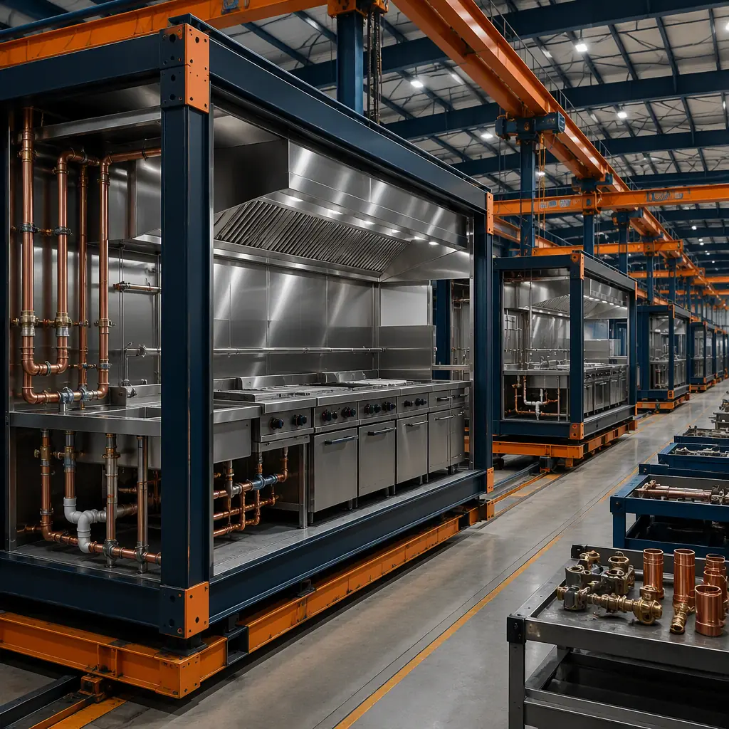 Factory floor of modular prefabricated construction facility, steel-frame kitchen modules being fabricated with stainless steel cook lines, exhaust hoods and fire suppression systems installed, workers installing commercial plumbing and electrical connections, assembly line with kitchen modules, dark navy and warm steel orange accents, no people faces, no text