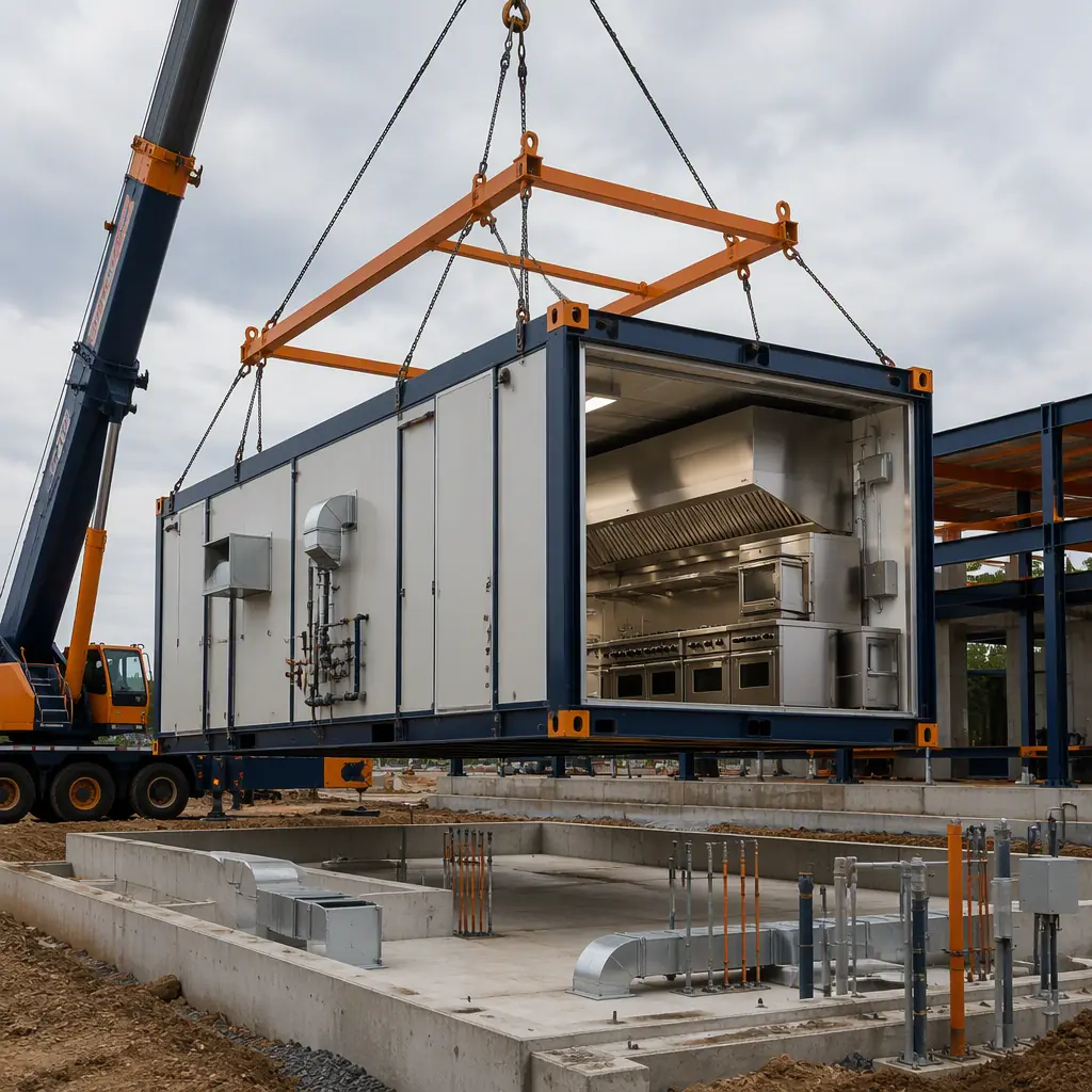 Crane lifting prefabricated steel-frame kitchen module onto concrete foundation at ghost kitchen construction site, module with stainless steel cook line equipment visible through open end, exhaust ducting and utility connections staged, module seams visible, dark navy steel with warm orange accents, no people faces, no text
