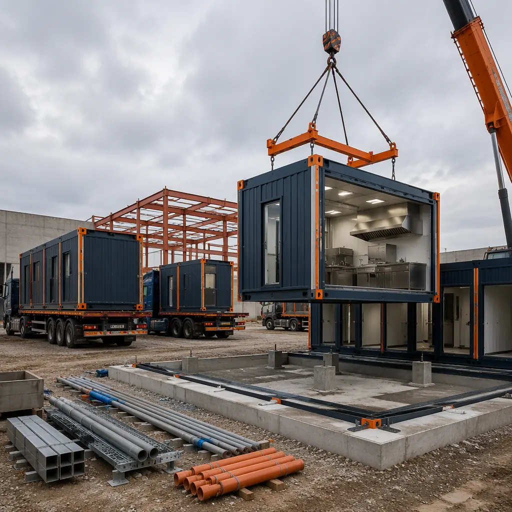 Prefabricated ghost kitchen modules arriving on flatbed trucks at commercial site, crane positioning steel-frame kitchen module onto prepared concrete pad, utility connections and grease interceptor staged beside foundation, module seams visible, dark navy steel with warm orange accents, no people faces, no text, no logos