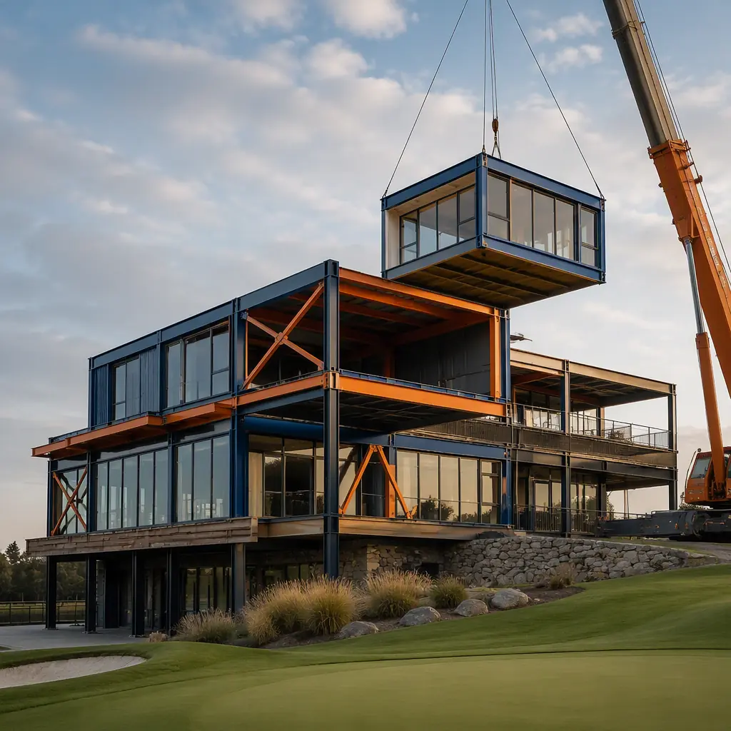 Modular golf clubhouse building exterior, prefabricated steel-frame modules assembled into a two-story clubhouse with large windows overlooking golf course, module seams visible, clean geometric lines, dark navy structural steel with warm steel orange accents, no people, no text