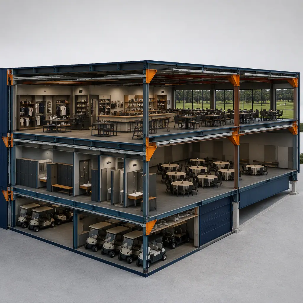 Photorealistic 3D cross-section render of modular golf clubhouse, showing pro shop, restaurant and bar, locker rooms, event hall and cart storage zones arranged in factory-built modules, steel frame structure, clean engineering visualization, no text, no labels