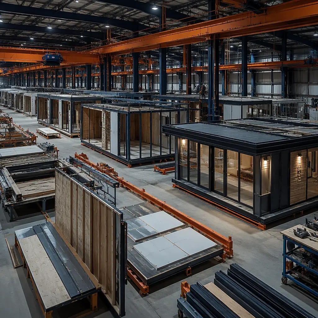 Factory floor of modular prefabricated construction facility, golf clubhouse modules under assembly with steel frames, workers installing kitchen equipment and millwork in module (no faces), overhead crane, assembly line, dark navy and warm steel orange accents