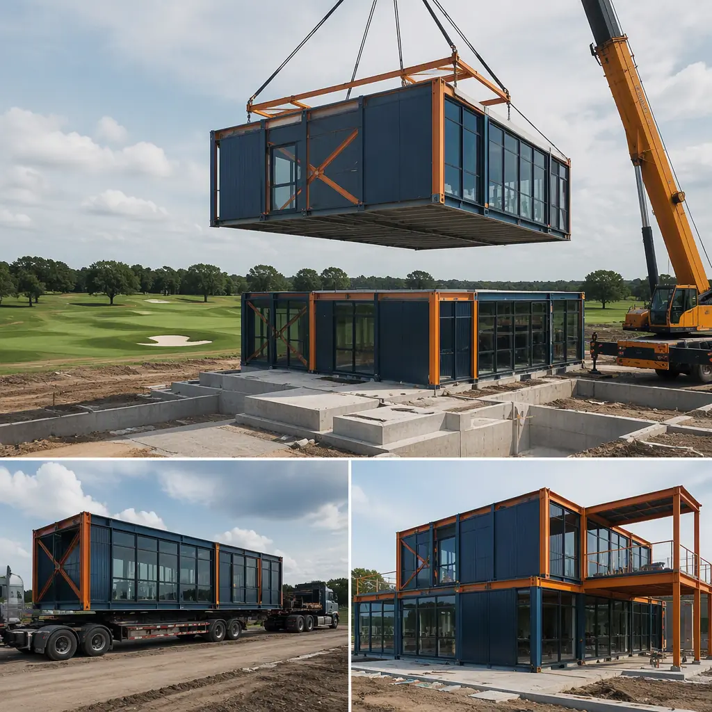 Crane lifting prefabricated modular clubhouse section onto foundation at golf course construction site, steel-frame modules with finished facade panels, module seams visible, fairway in background, dark navy structural steel with warm steel orange accents, no people