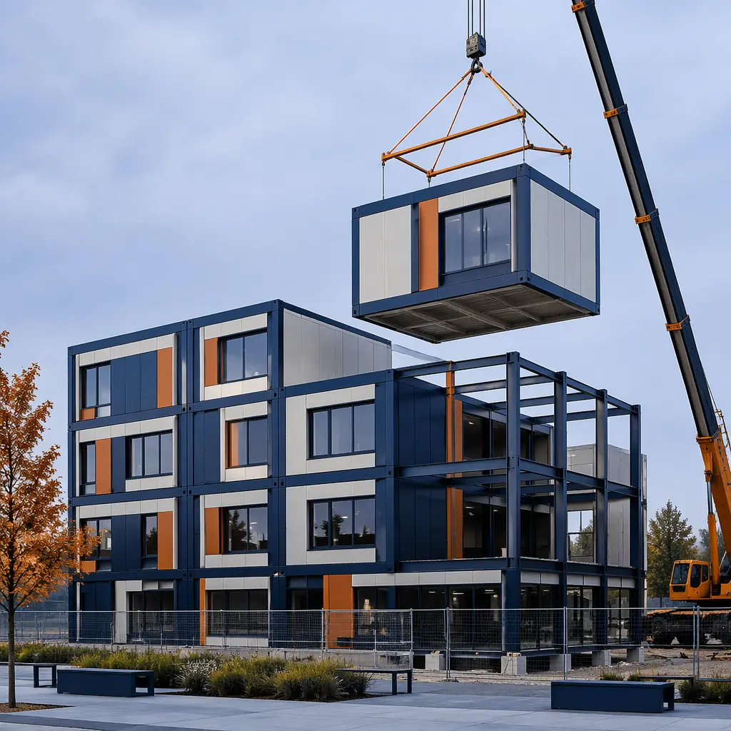 Modular government municipal building exterior, prefabricated modules for public administration facility, crane lifting module unit onto foundation, clean geometric facade with grid pattern reflecting modular units, steel frame visible, modern civic architecture, module seams visible, factory-assembled construction