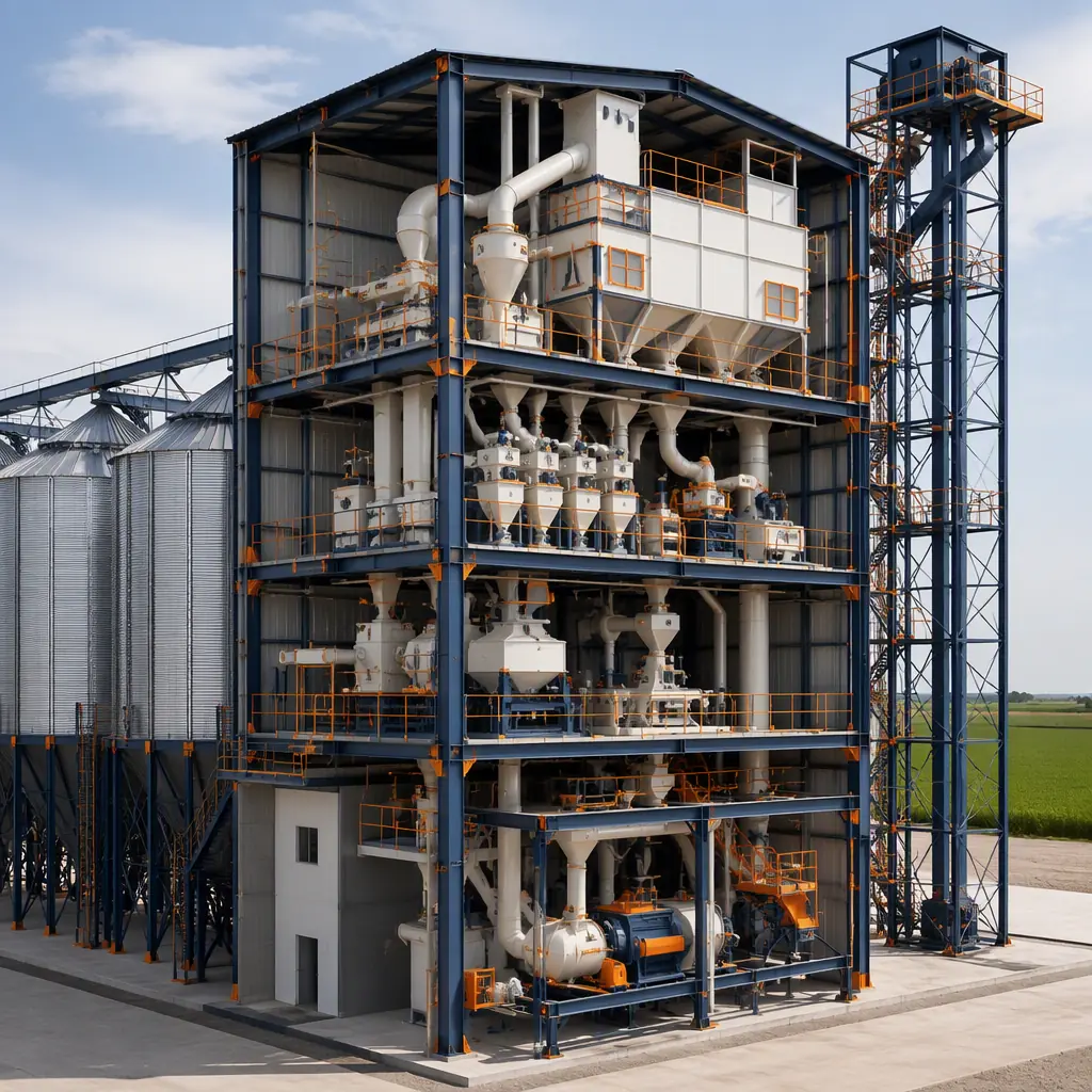 Photorealistic 3D cross-section render of modular feed mill, showing stacked steel-frame grinding, mixing and pelleting decks with conveying, dust hoods and explosion-vent panels, grain storage bins and elevator leg beside, clean engineering visualization, no text, no labels